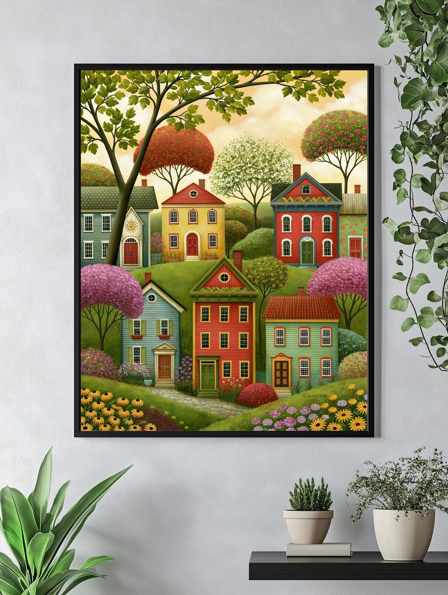 Whimsical Village Houses Illustration Poster. — room view 4