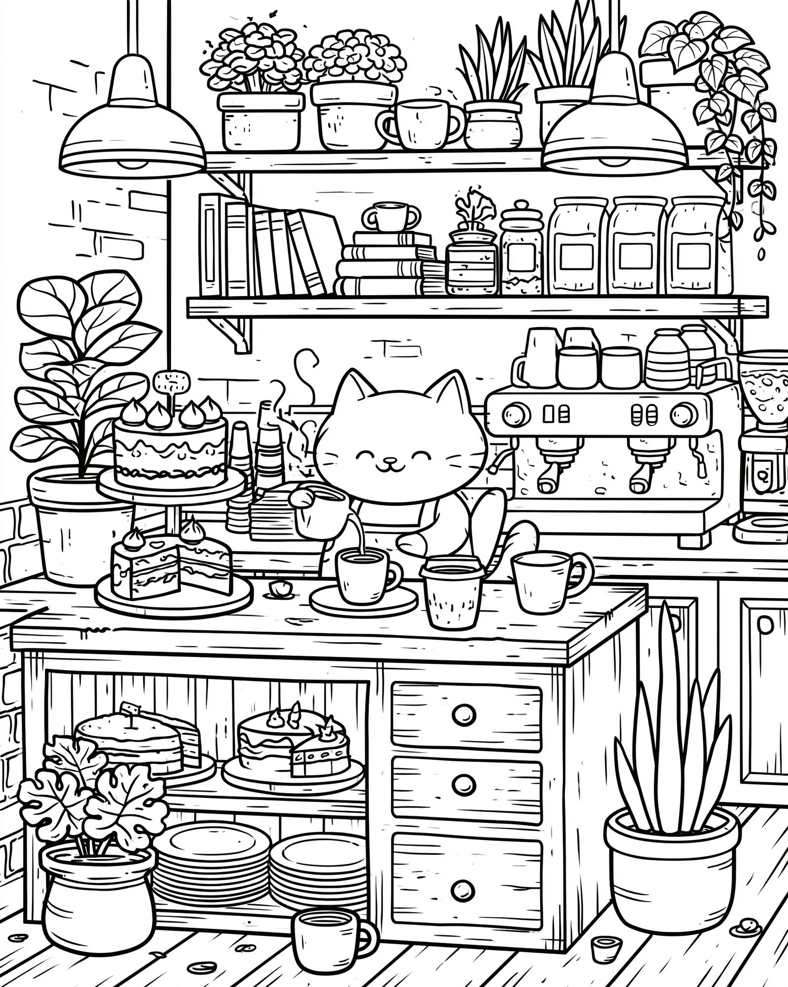 Cozy Cat Cafe Line Art Poster. poster detail