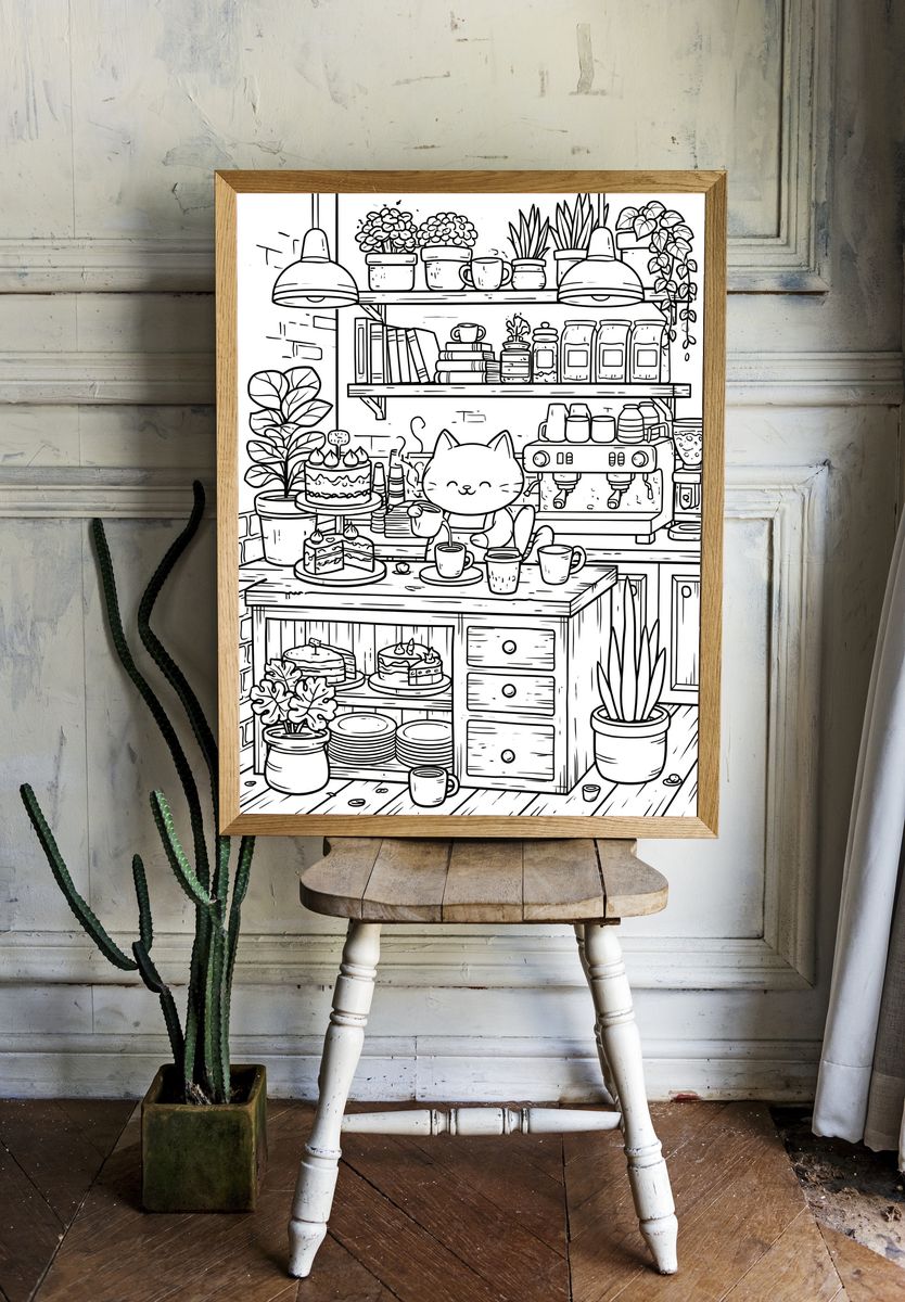 Cozy Cat Cafe Line Art Poster. room preview