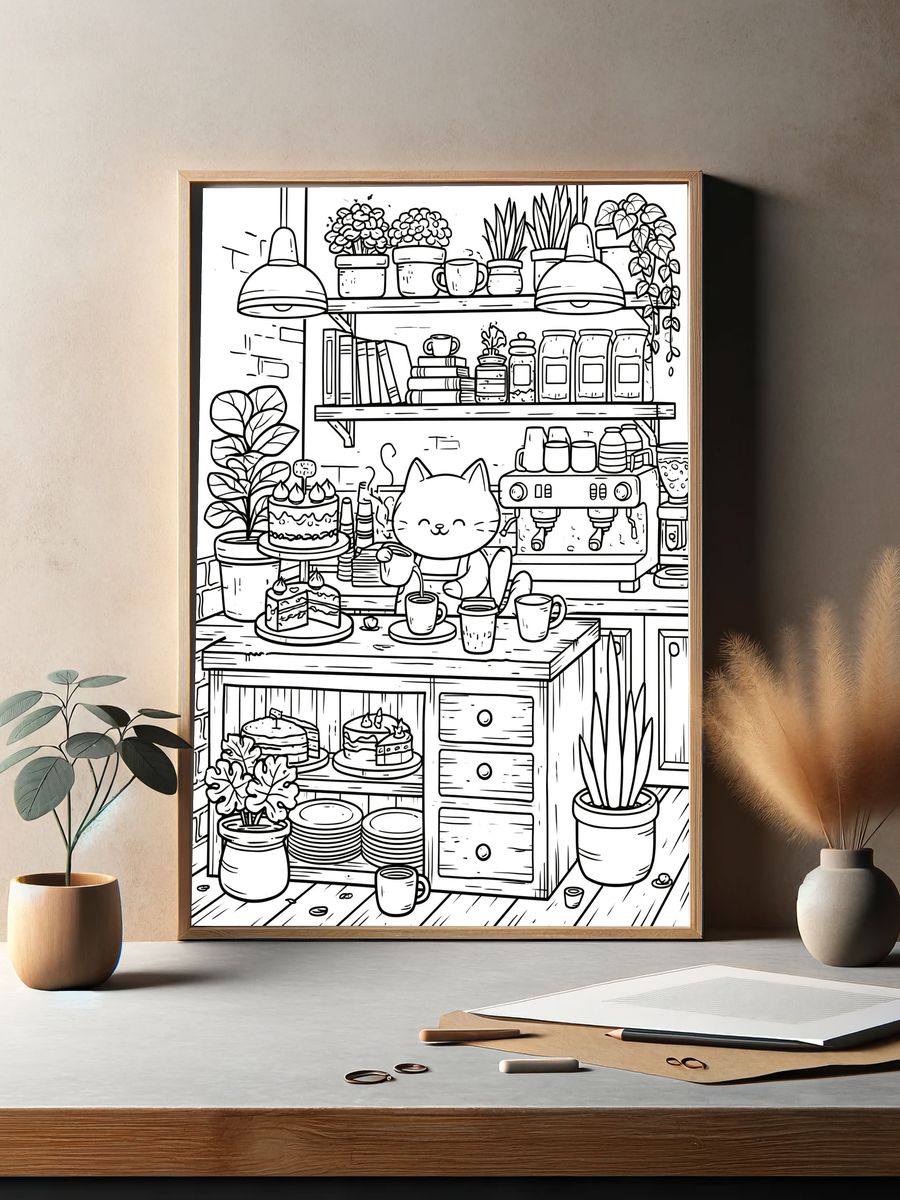 Cozy Cat Cafe Line Art Poster. — room view 2