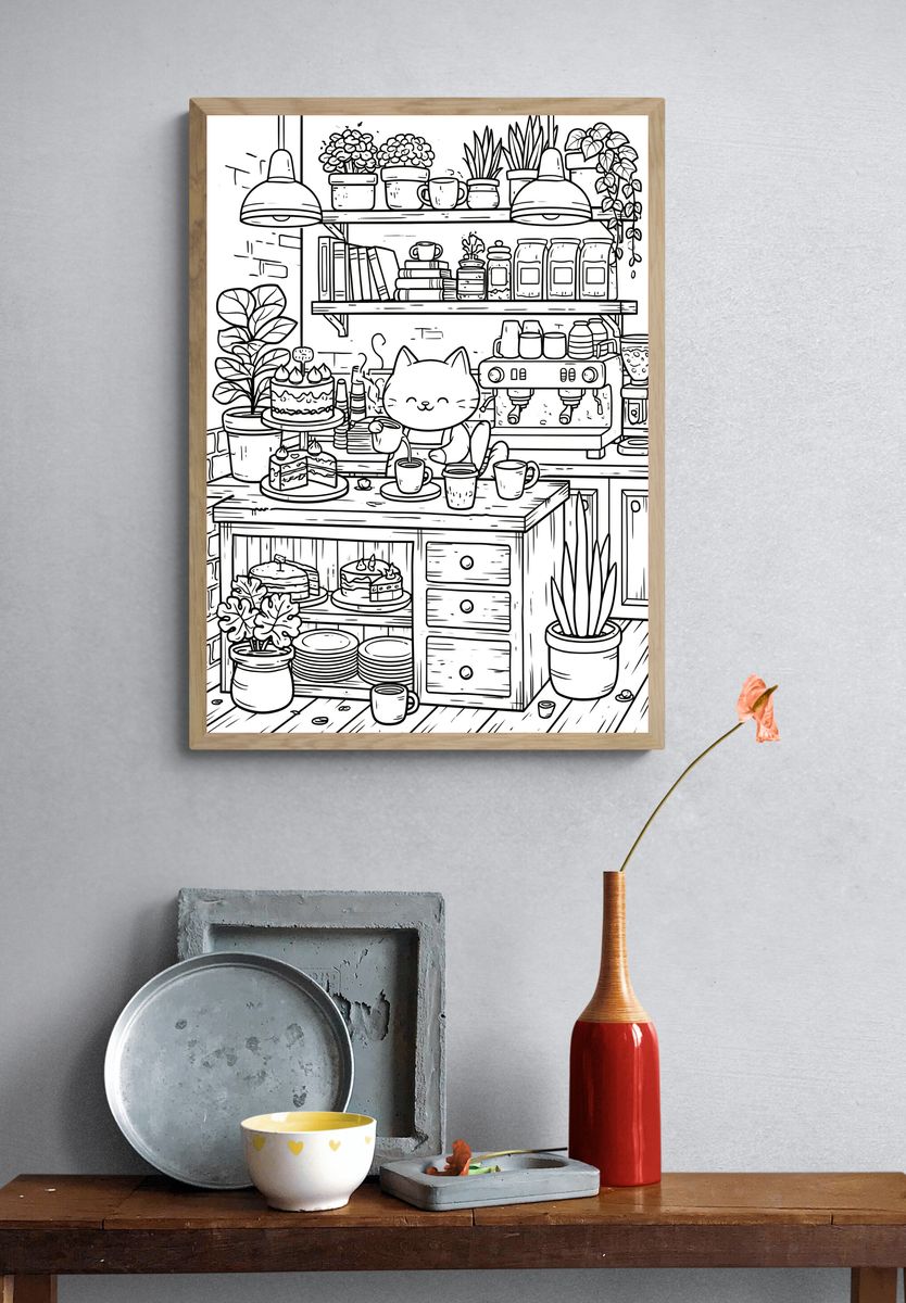Cozy Cat Cafe Line Art Poster. — room view 3
