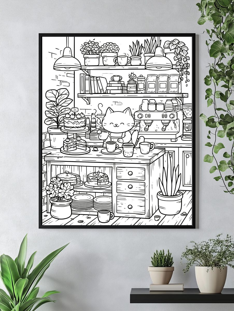 Cozy Cat Cafe Line Art Poster. — room view 4
