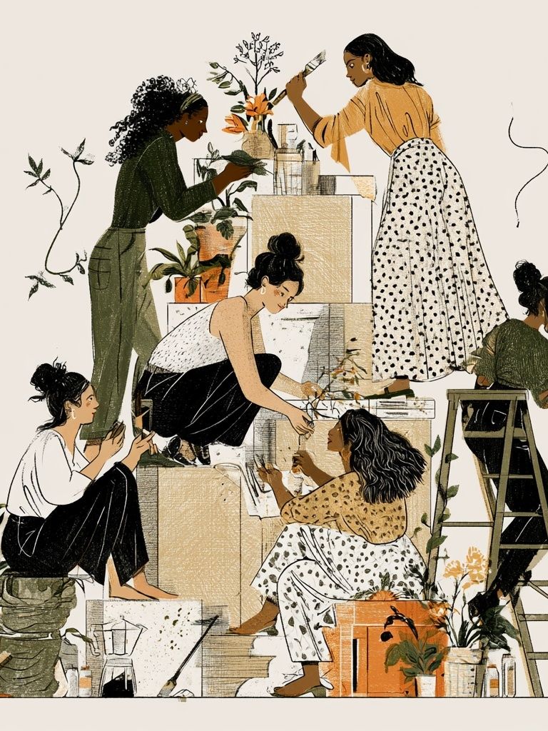 Women Painting Together Illustration Print. poster — illustration art