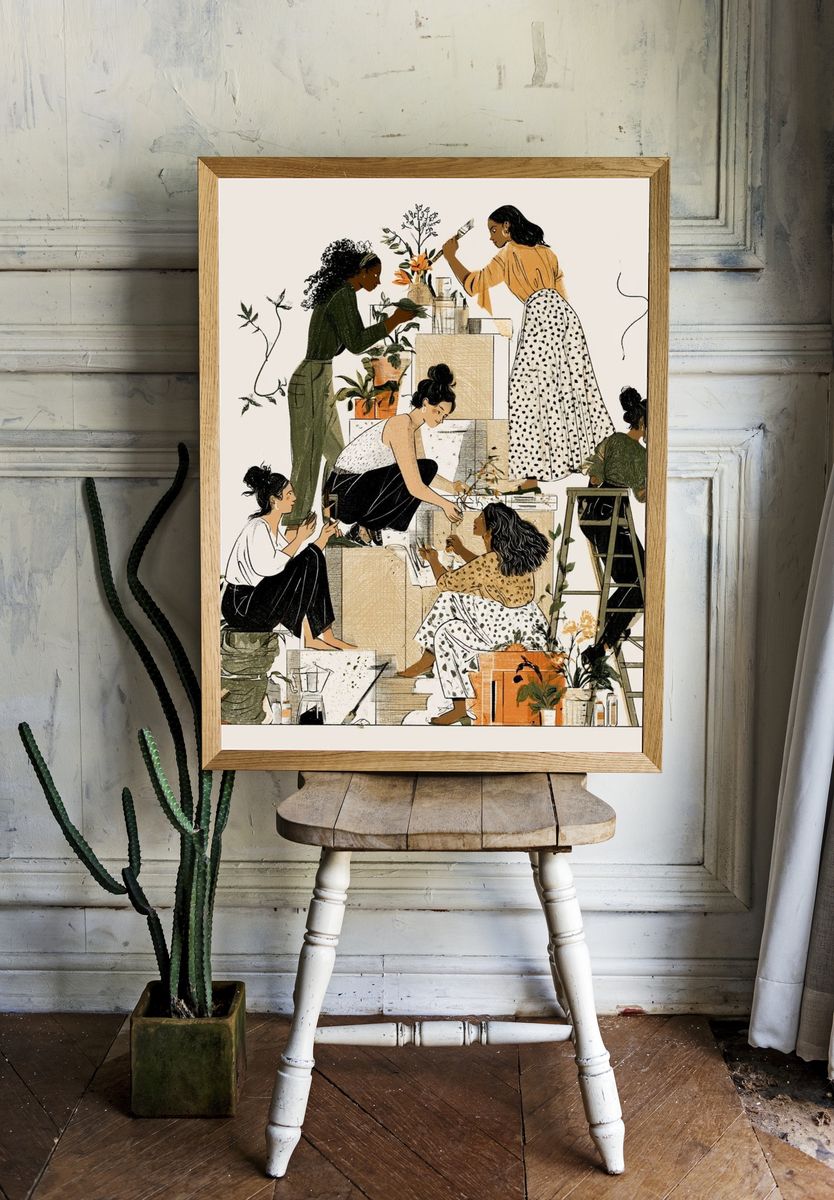 Women Painting Together Illustration Print. — room view 1