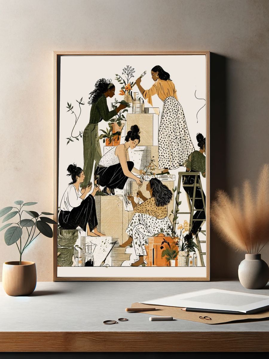 Women Painting Together Illustration Print. — room view 2