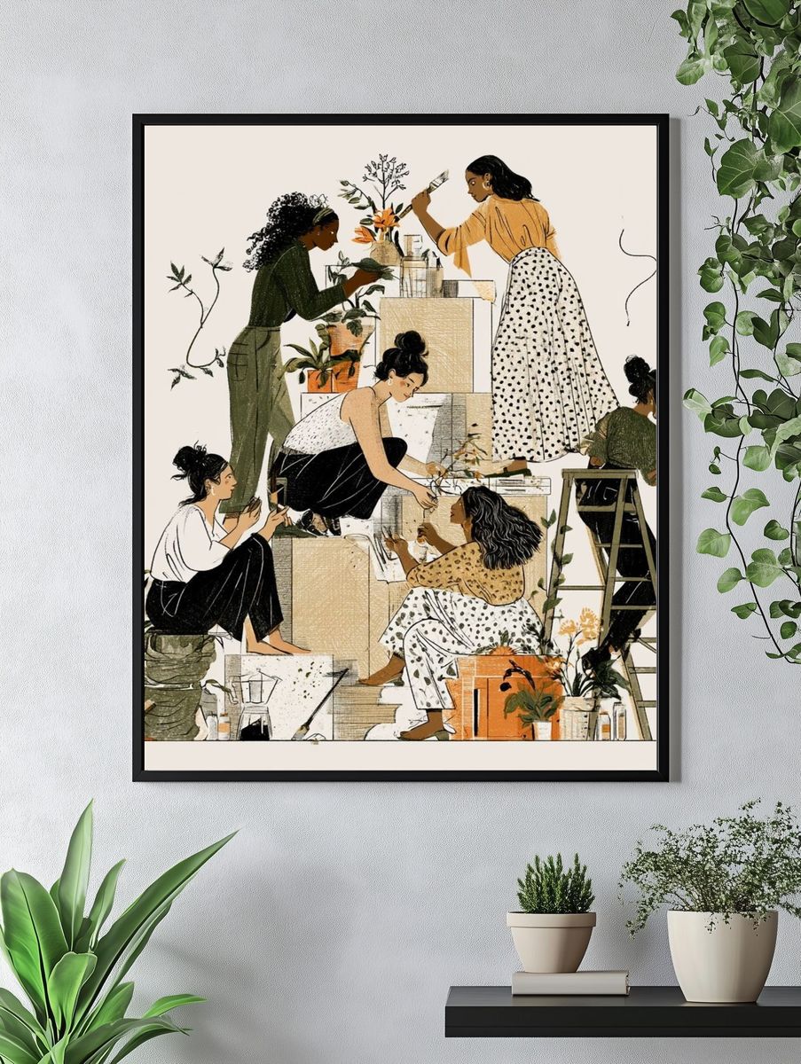 Women Painting Together Illustration Print. — room view 4