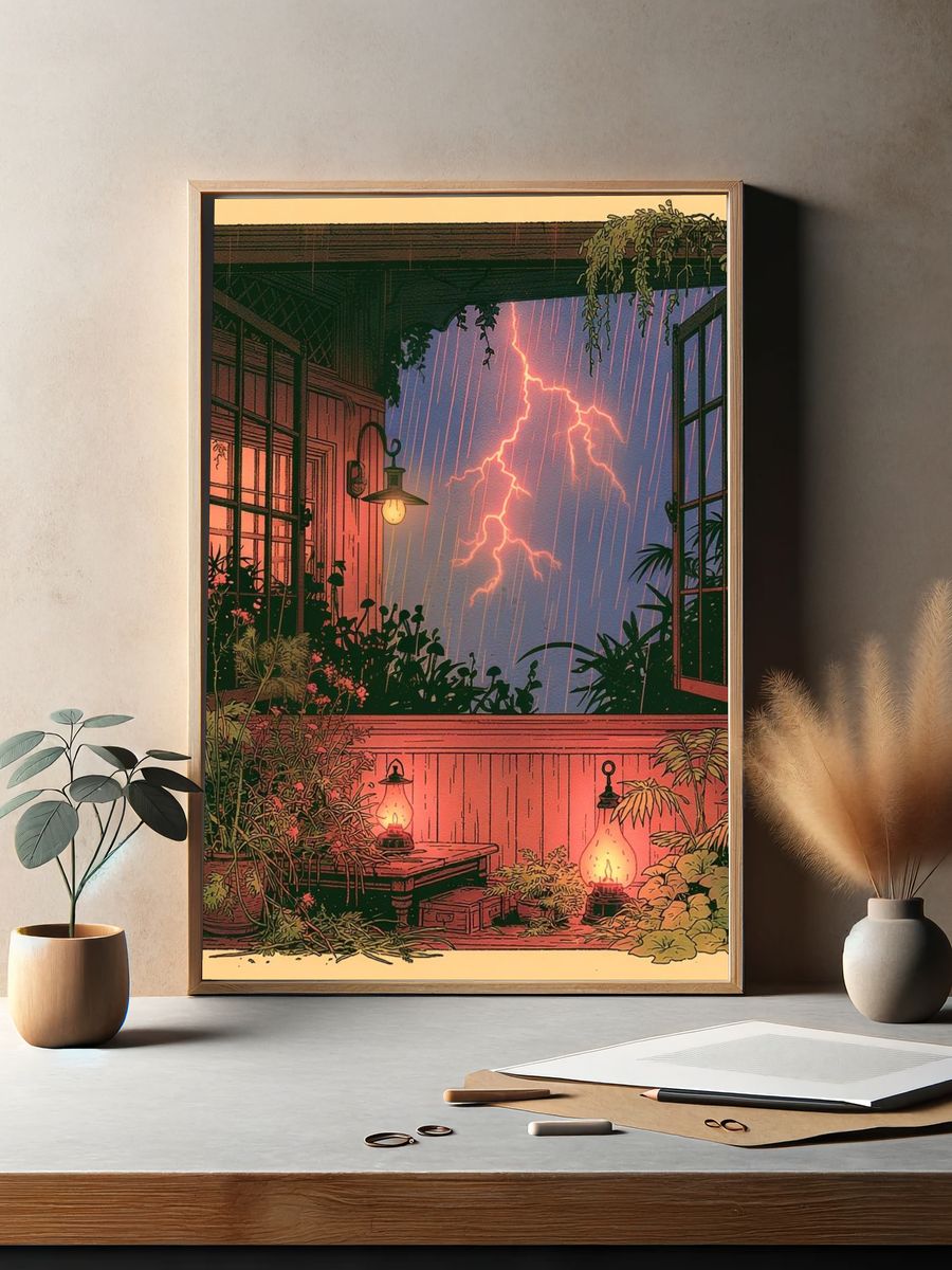 Stormy Window Garden Illustration Poster. — room view 2