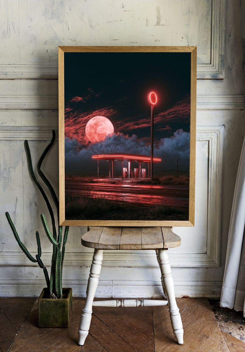 Neon Moon Gas Station Poster. room preview