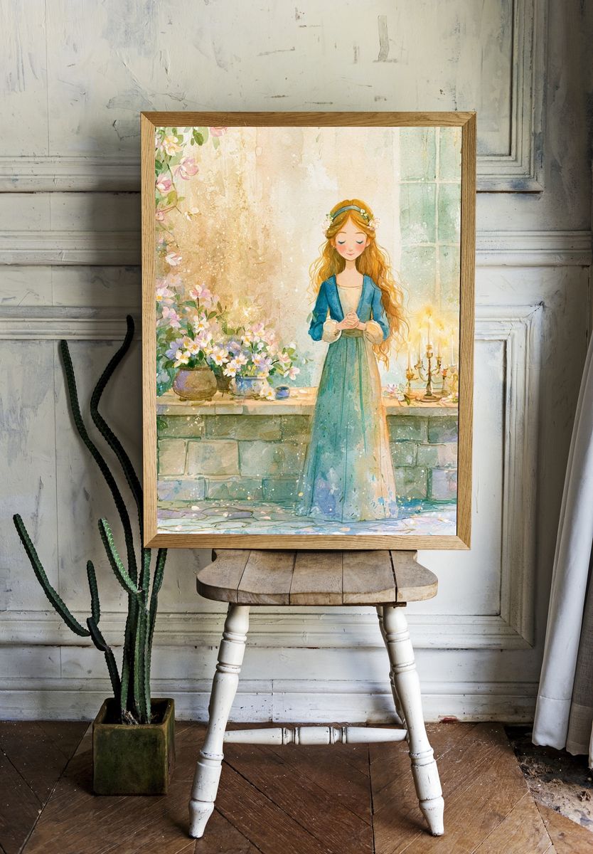 Floral Girl in Garden Watercolor Poster. — room view 1
