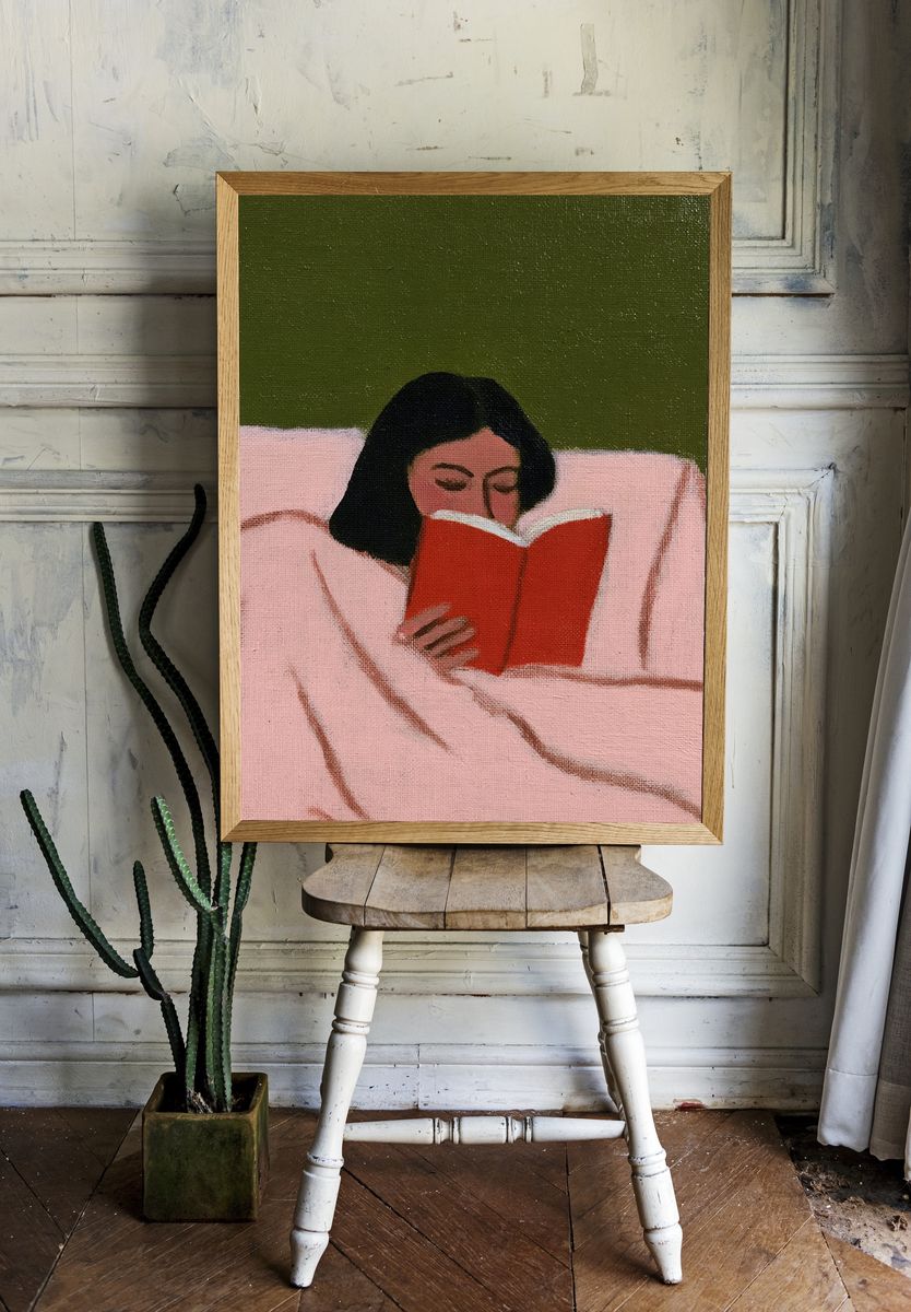 Woman Reading in Bed Illustration Poster. — room view 1