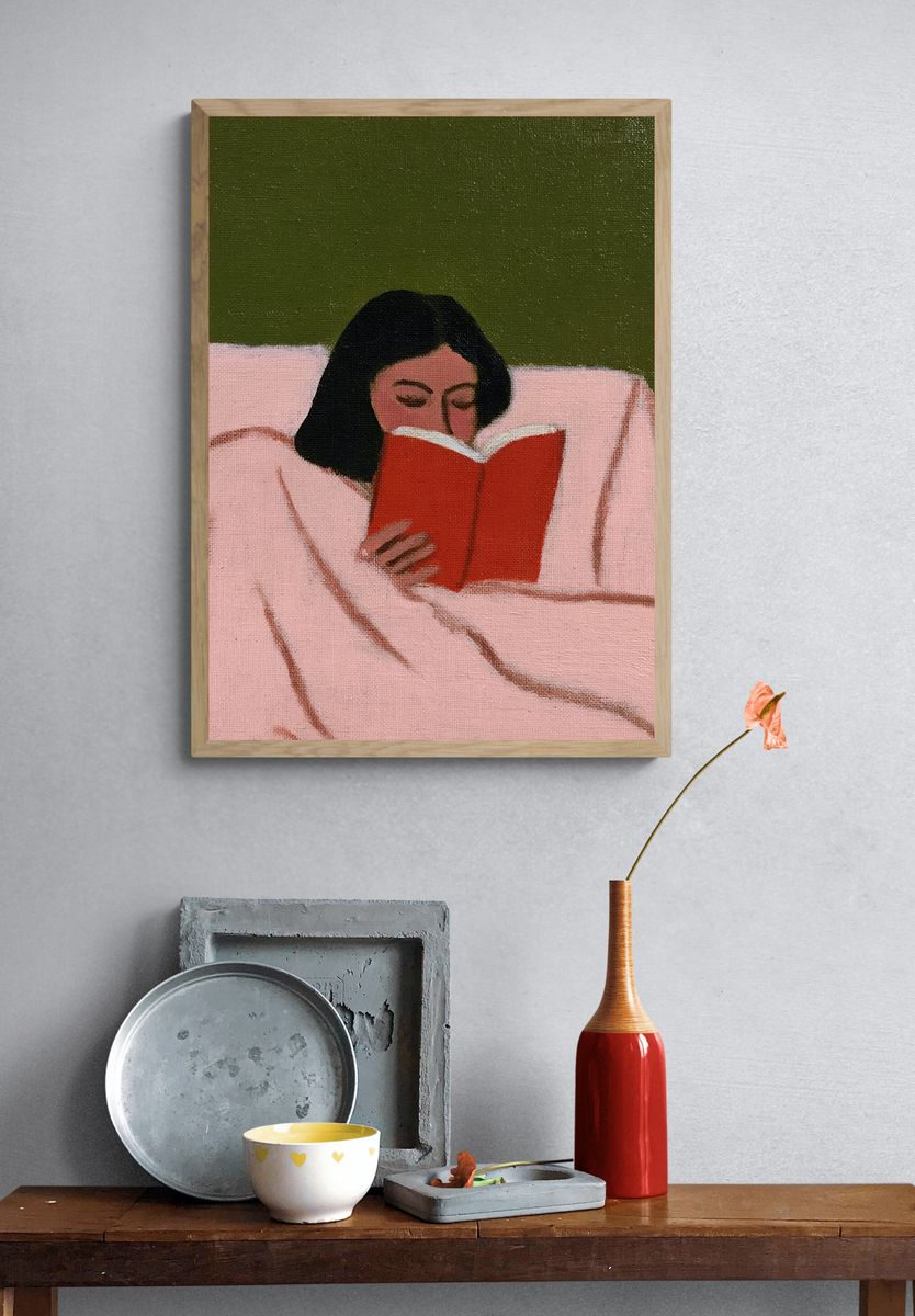 Woman Reading in Bed Illustration Poster. — room view 3