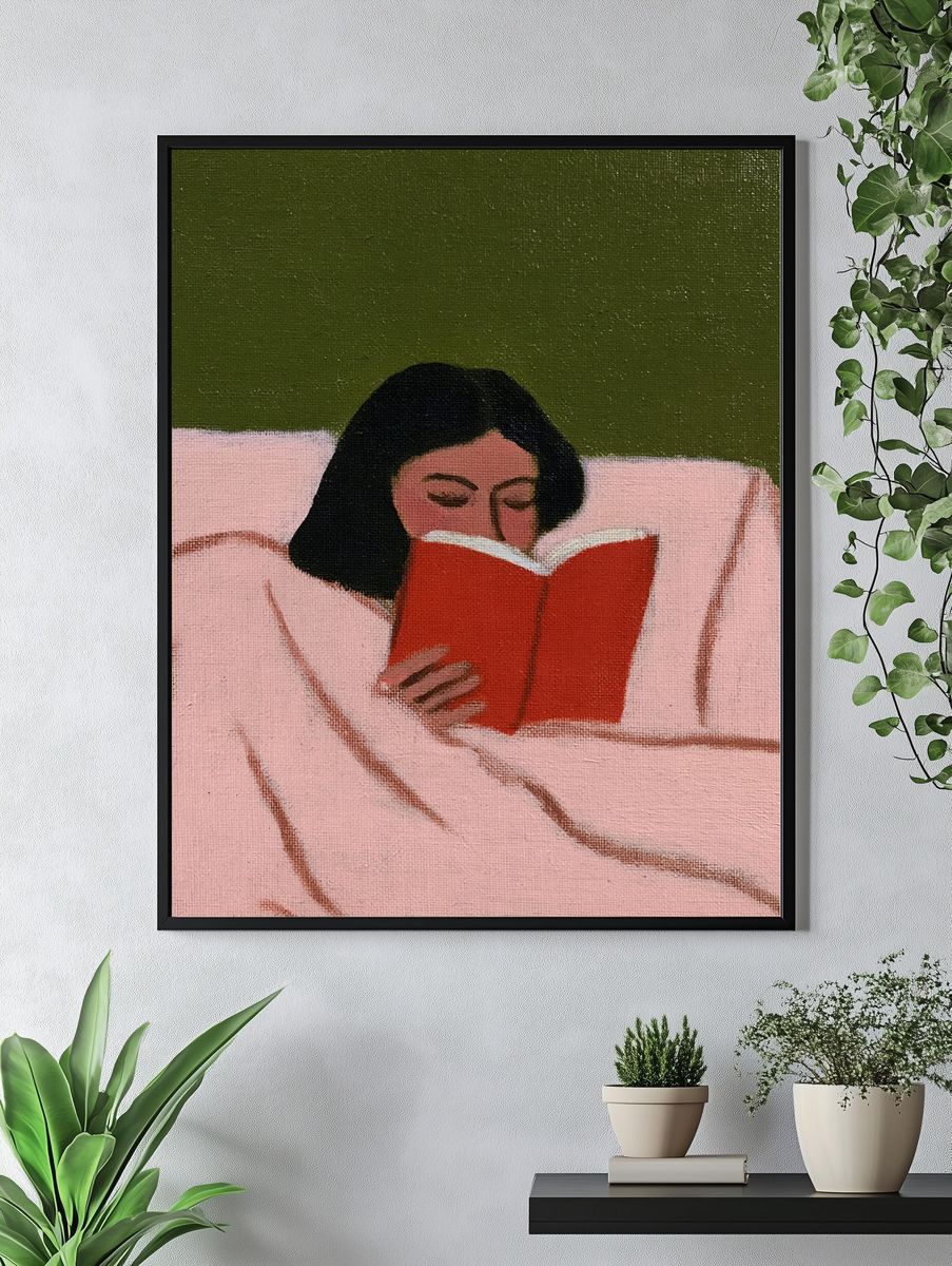 Woman Reading in Bed Illustration Poster. — room view 4