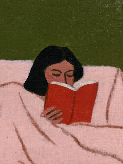 Woman Reading in Bed Illustration Poster.