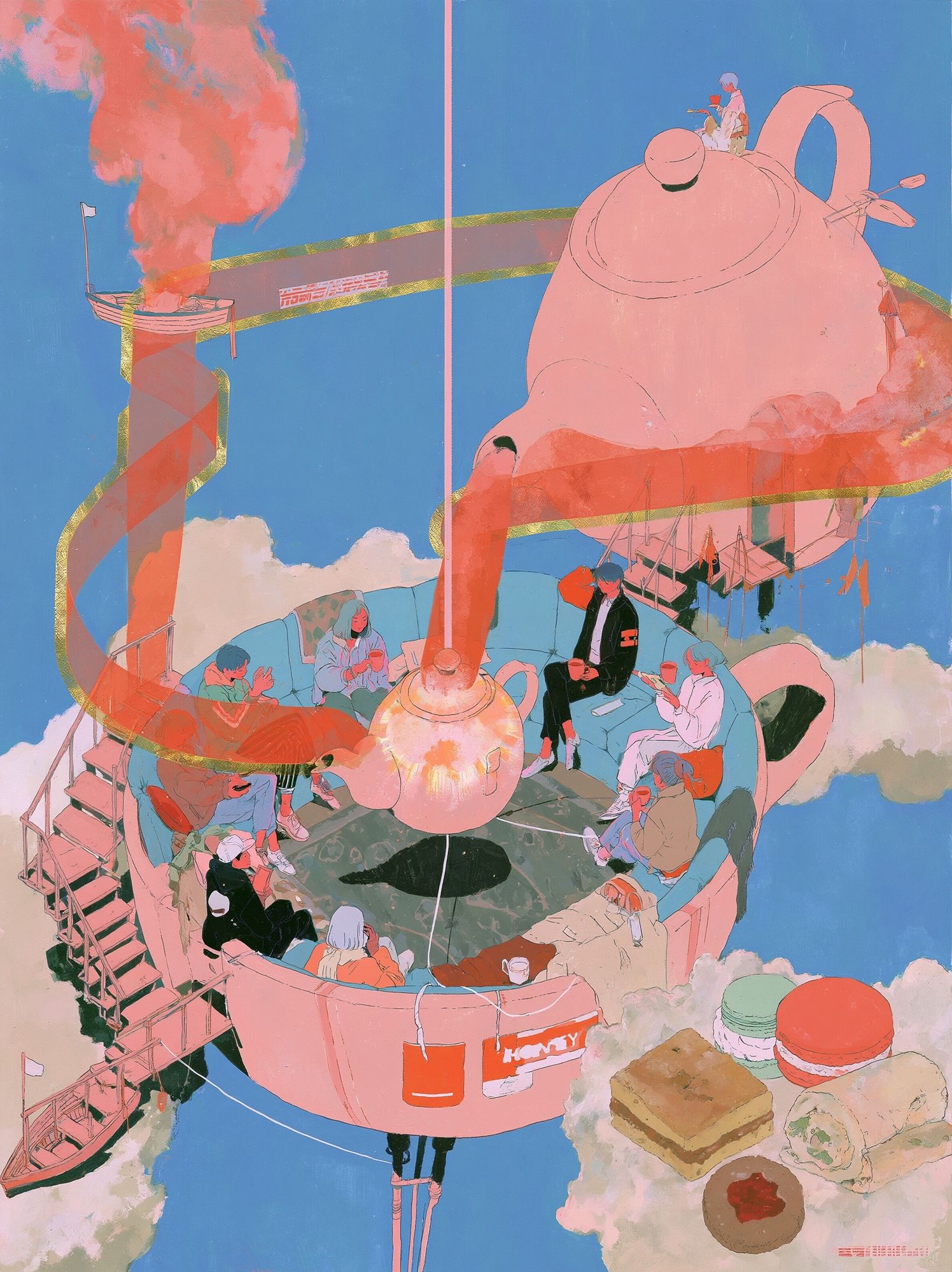 Surreal Teapot Gathering Print. poster detail