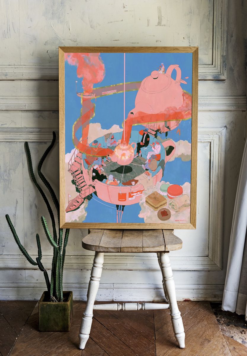 Surreal Teapot Gathering Print. room preview