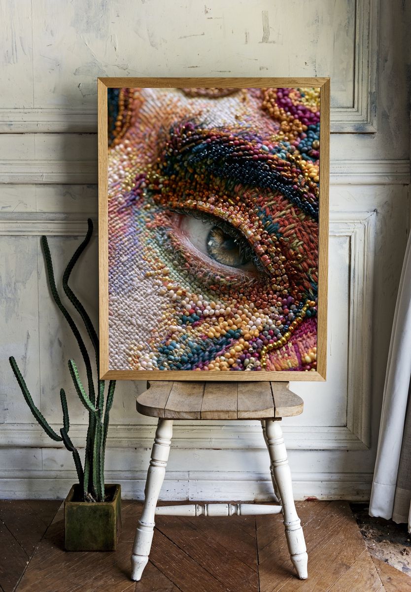 Beaded Eye Textile Portrait Print. room preview
