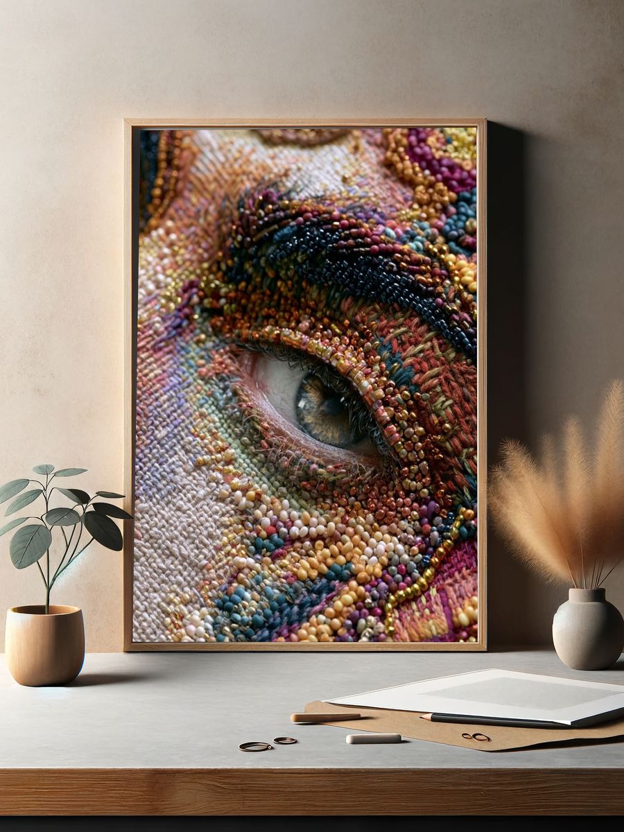 Beaded Eye Textile Portrait Print. — room view 2