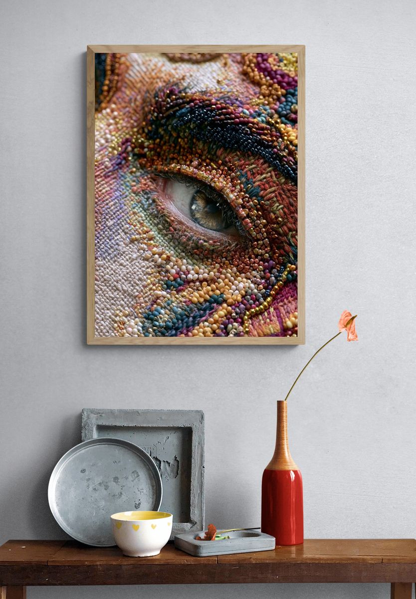 Beaded Eye Textile Portrait Print. — room view 3