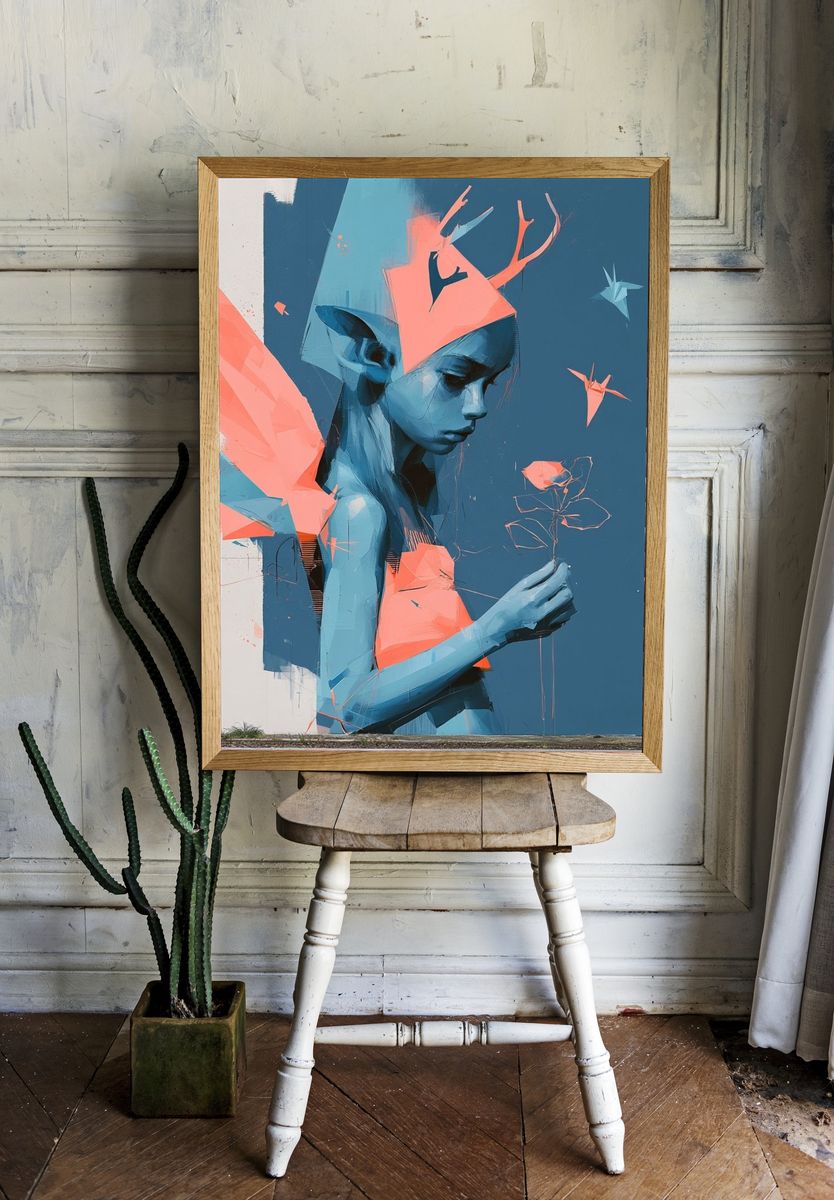 Blue Girl with Flower Illustration Poster. room preview
