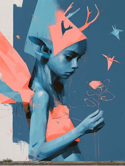 Blue Girl with Flower Illustration Poster.