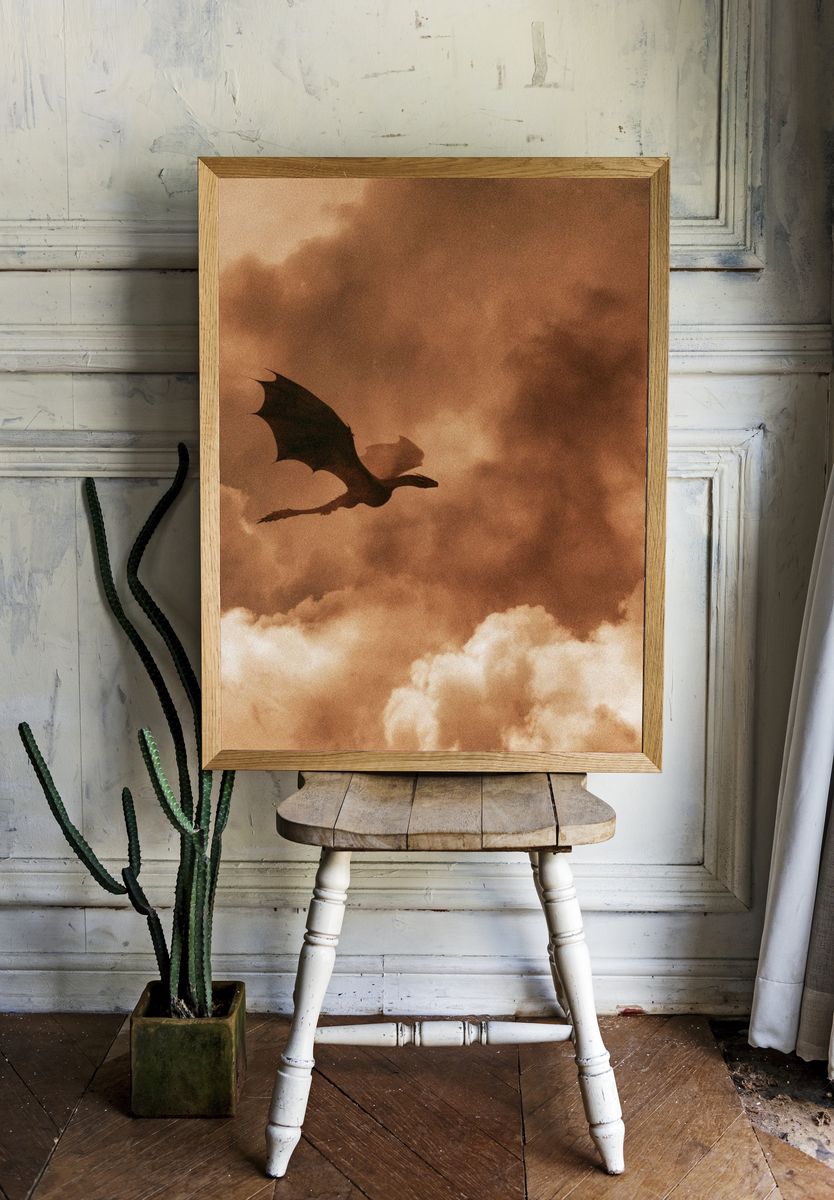Dragon in Sepia Clouds Print. room preview