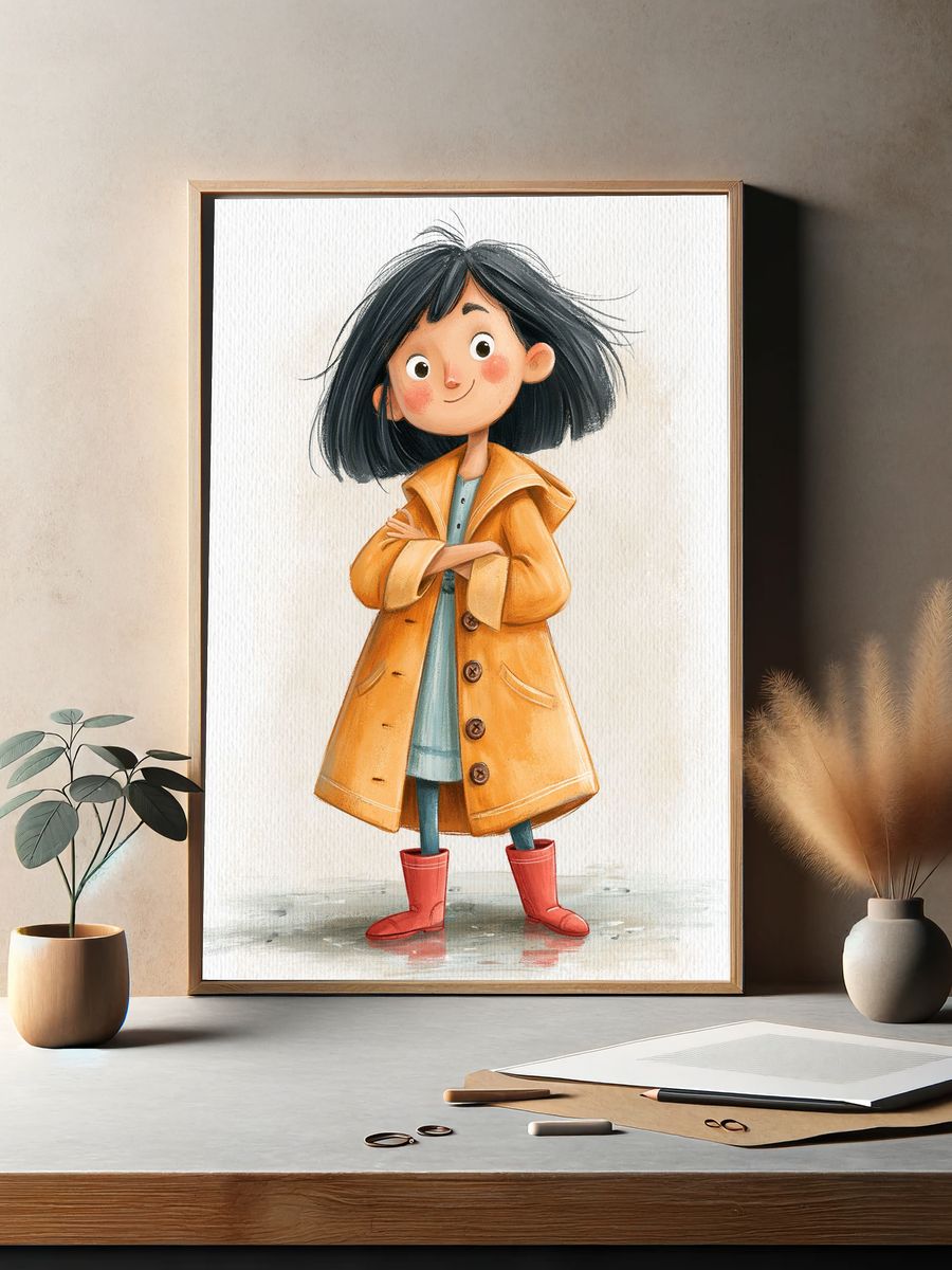 Girl in Yellow Raincoat Illustration Poster. — room view 2
