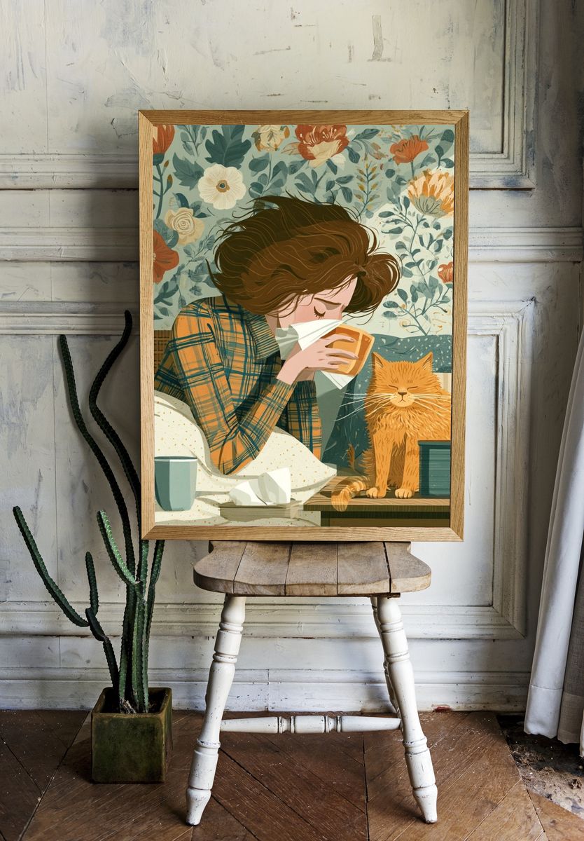 Cozy Cat and Girl Illustration Poster. room preview