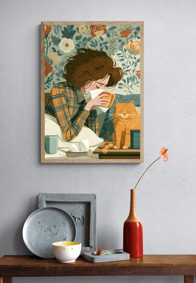 Cozy Cat and Girl Illustration Poster. — room view 3