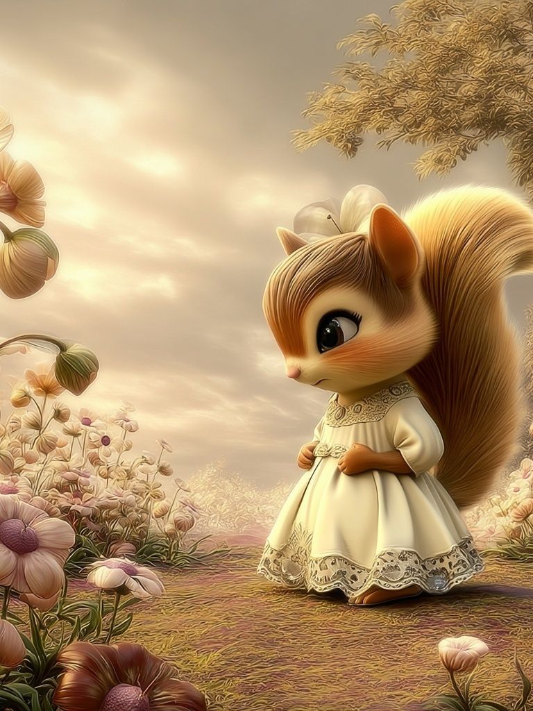 Squirrel in Flower Garden Illustration Poster. poster — illustration art
