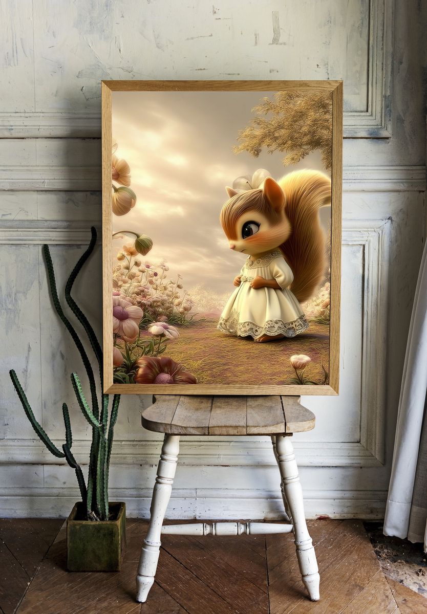 Squirrel in Flower Garden Illustration Poster. — room view 1