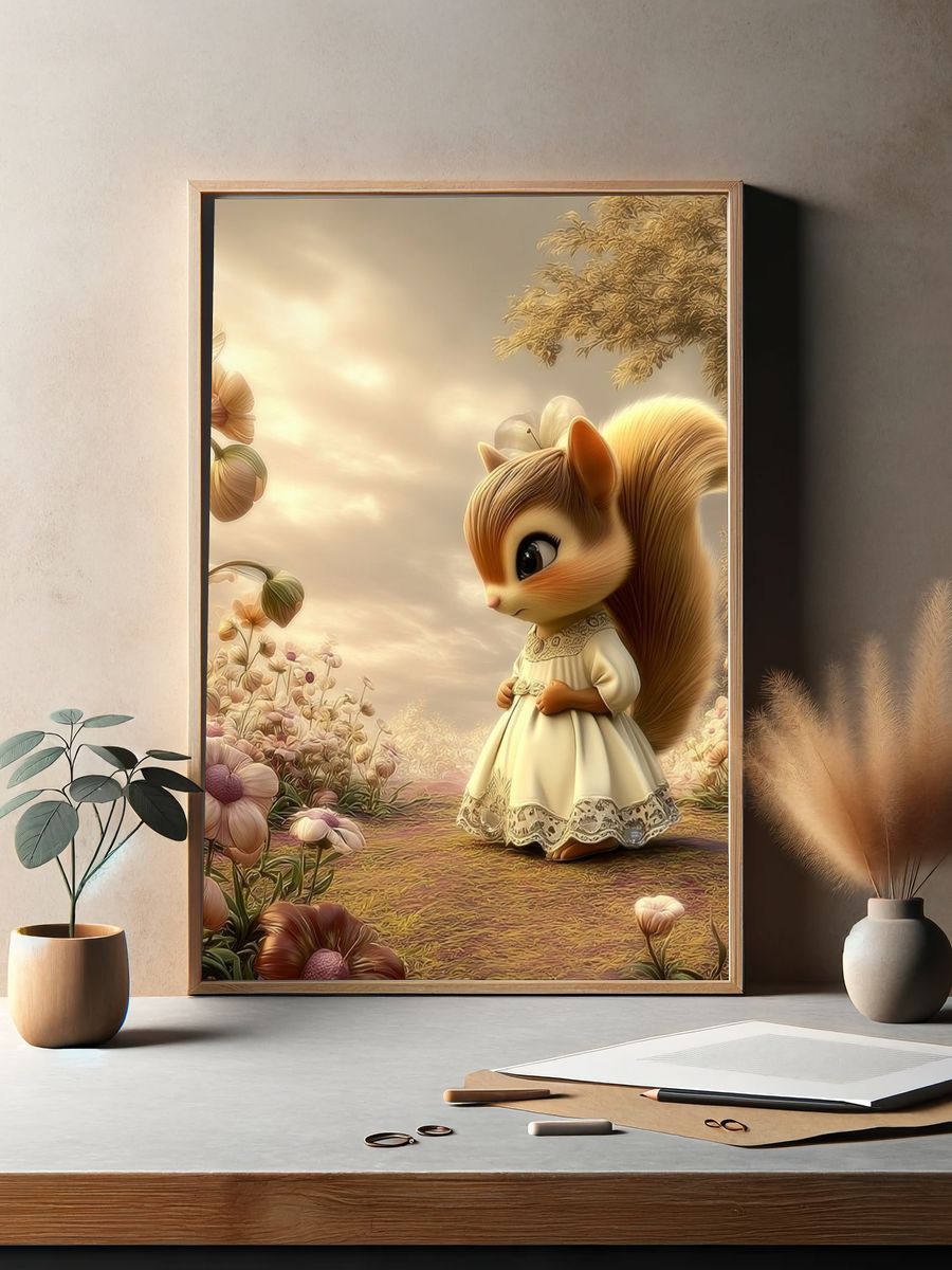 Squirrel in Flower Garden Illustration Poster. — room view 2
