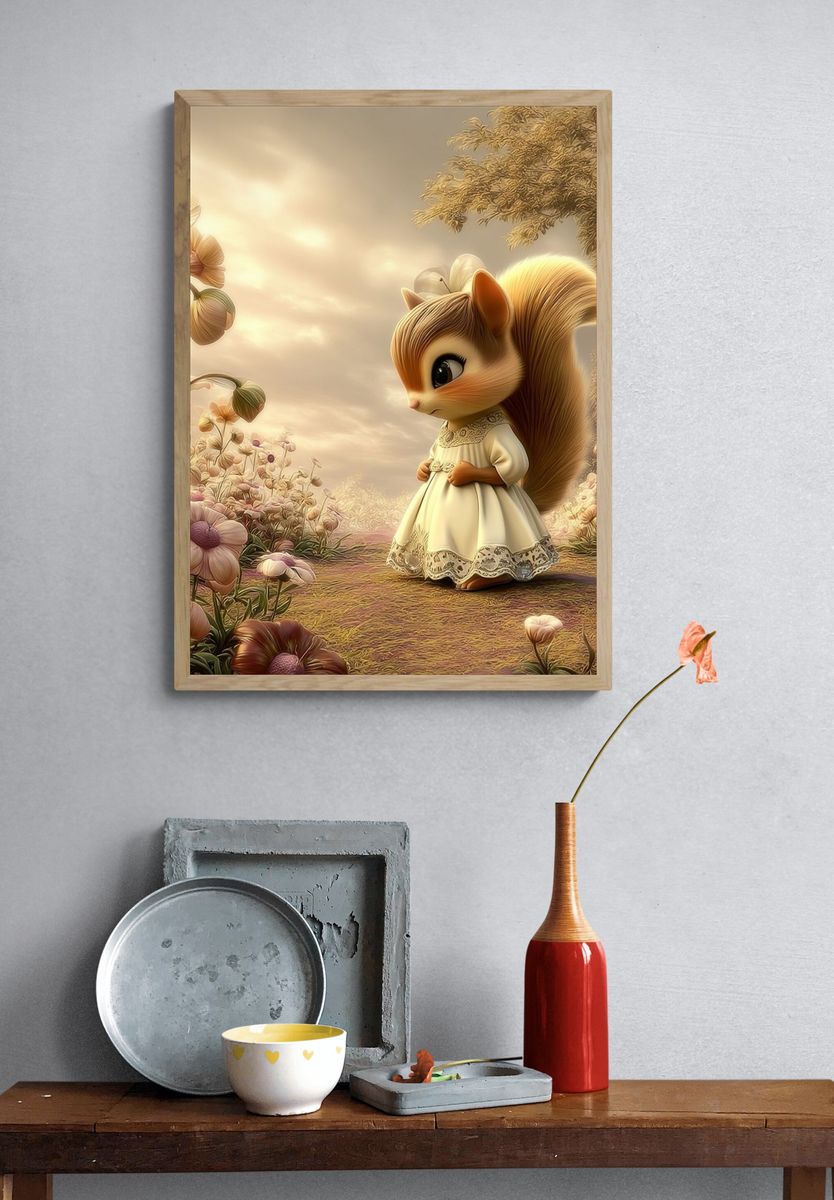Squirrel in Flower Garden Illustration Poster. — room view 3