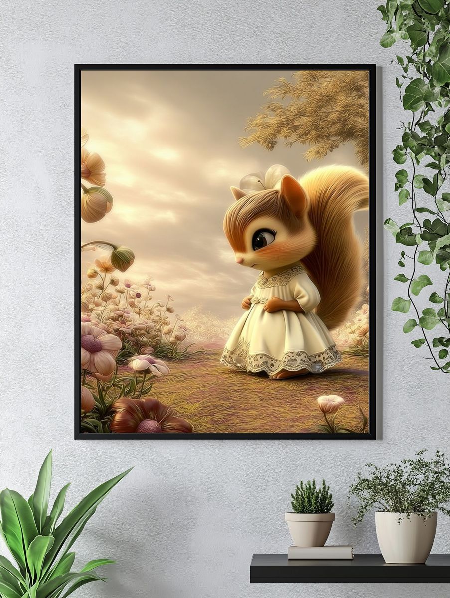 Squirrel in Flower Garden Illustration Poster. — room view 4