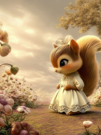 Squirrel in Flower Garden Illustration Poster. poster print