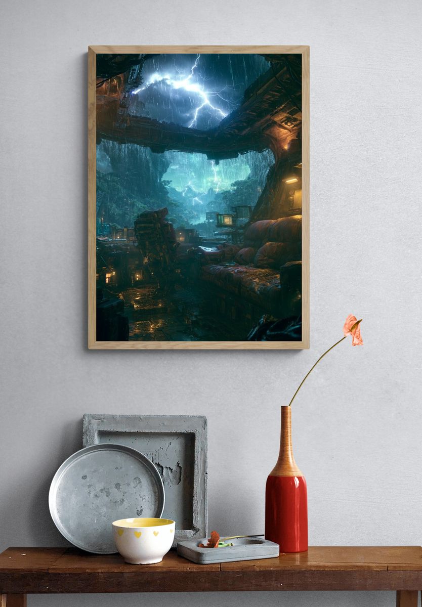 Cyberpunk Rainstorm Interior Poster. — room view 3
