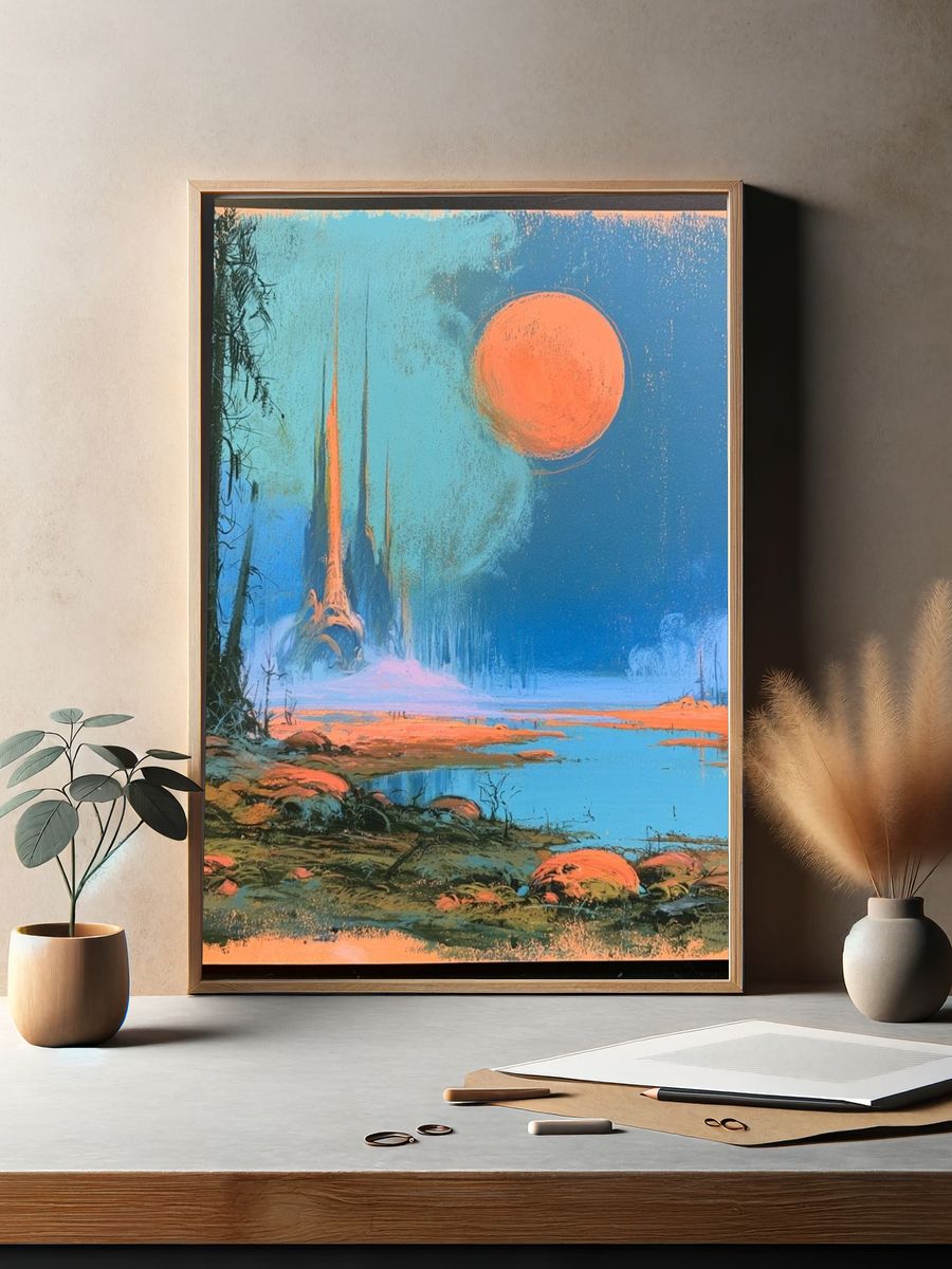 Alien Moon Landscape Illustration Poster. — room view 2