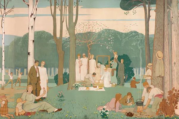 Men, women, children picnic park. poster detail
