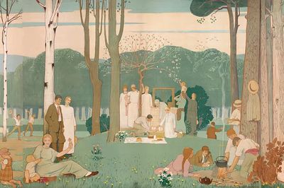 Men, women, children picnic park.