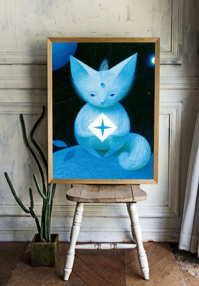 Celestial Cat Illustration Print. room preview