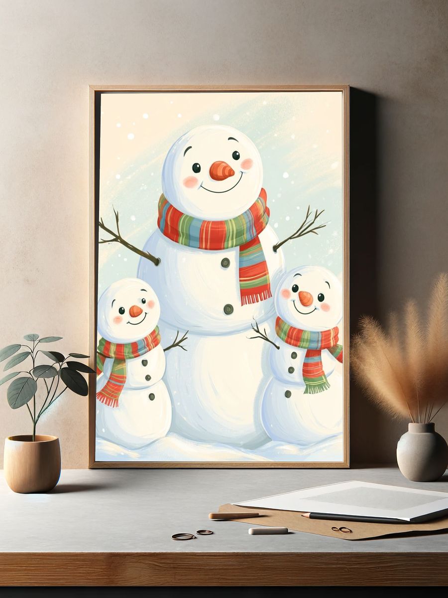 Snowman Family Winter Illustration Poster. — room view 2