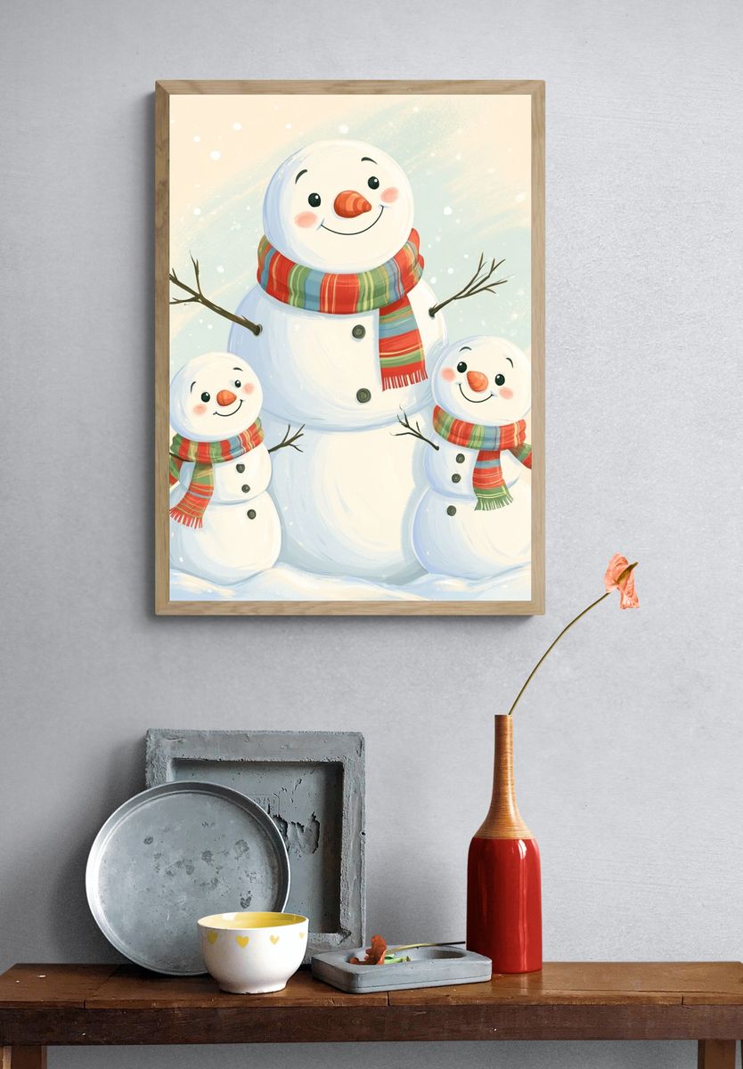 Snowman Family Winter Illustration Poster. — room view 3
