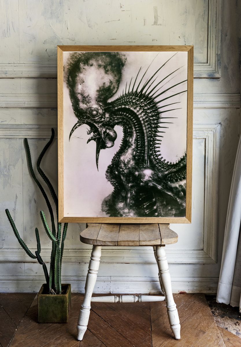 Surreal Spiked Bird Illustration Poster. — room view 1