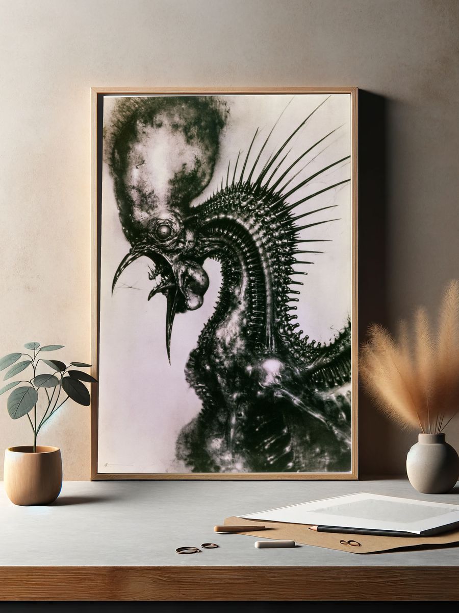 Surreal Spiked Bird Illustration Poster. — room view 2
