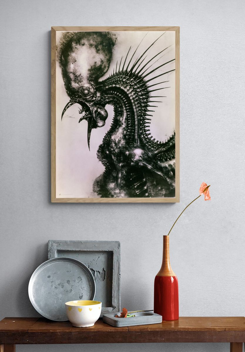 Surreal Spiked Bird Illustration Poster. — room view 3
