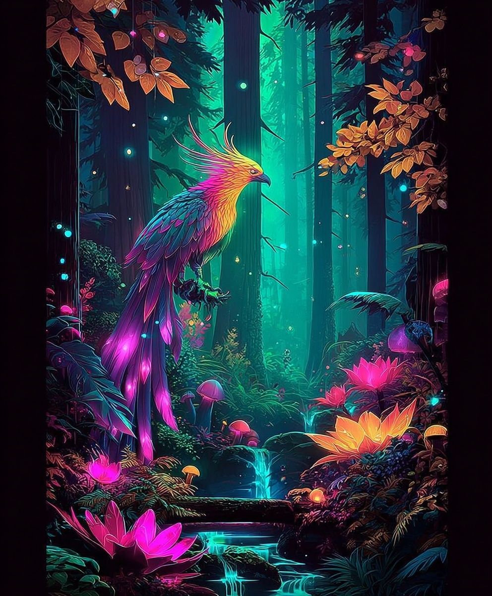 Neon Phoenix Forest Digital Art Poster. poster detail