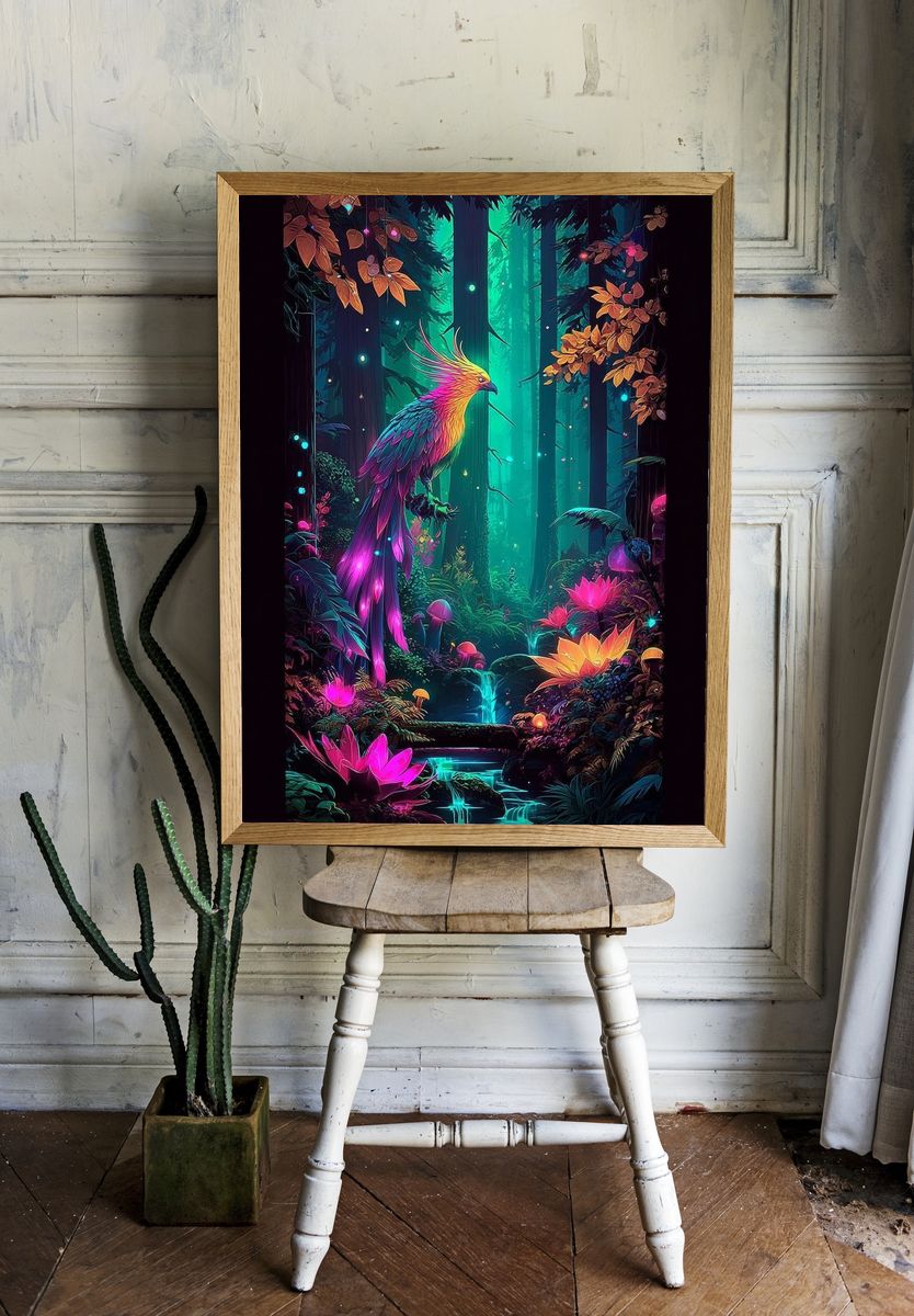 Neon Phoenix Forest Digital Art Poster. — room view 1