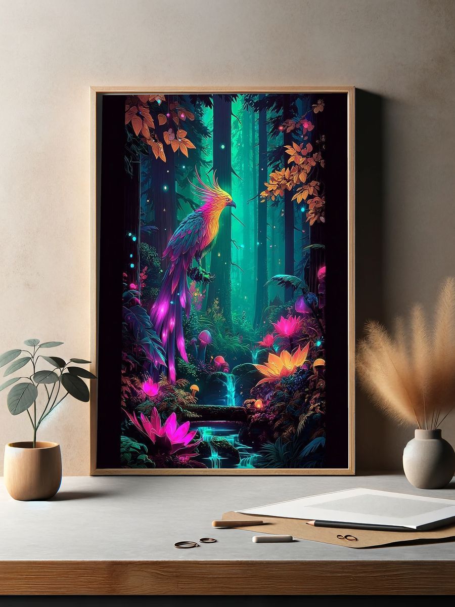 Neon Phoenix Forest Digital Art Poster. — room view 2