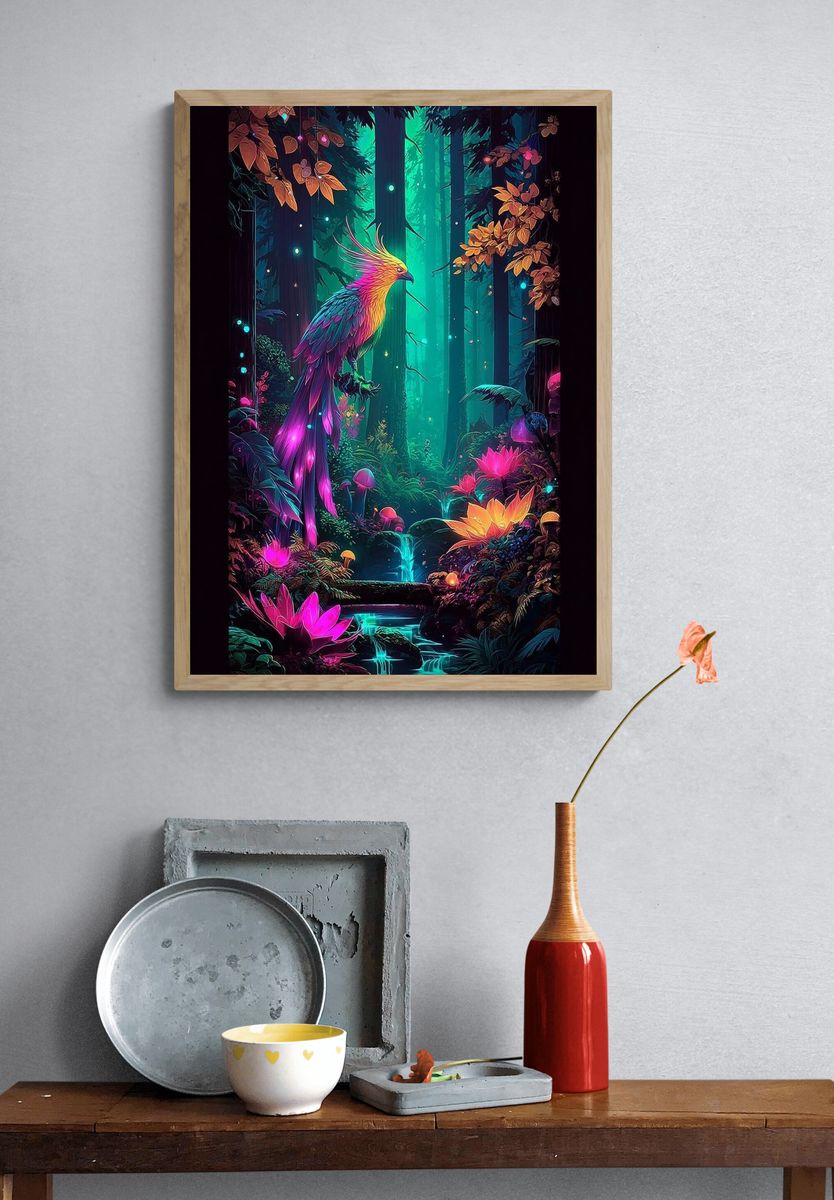 Neon Phoenix Forest Digital Art Poster. — room view 3