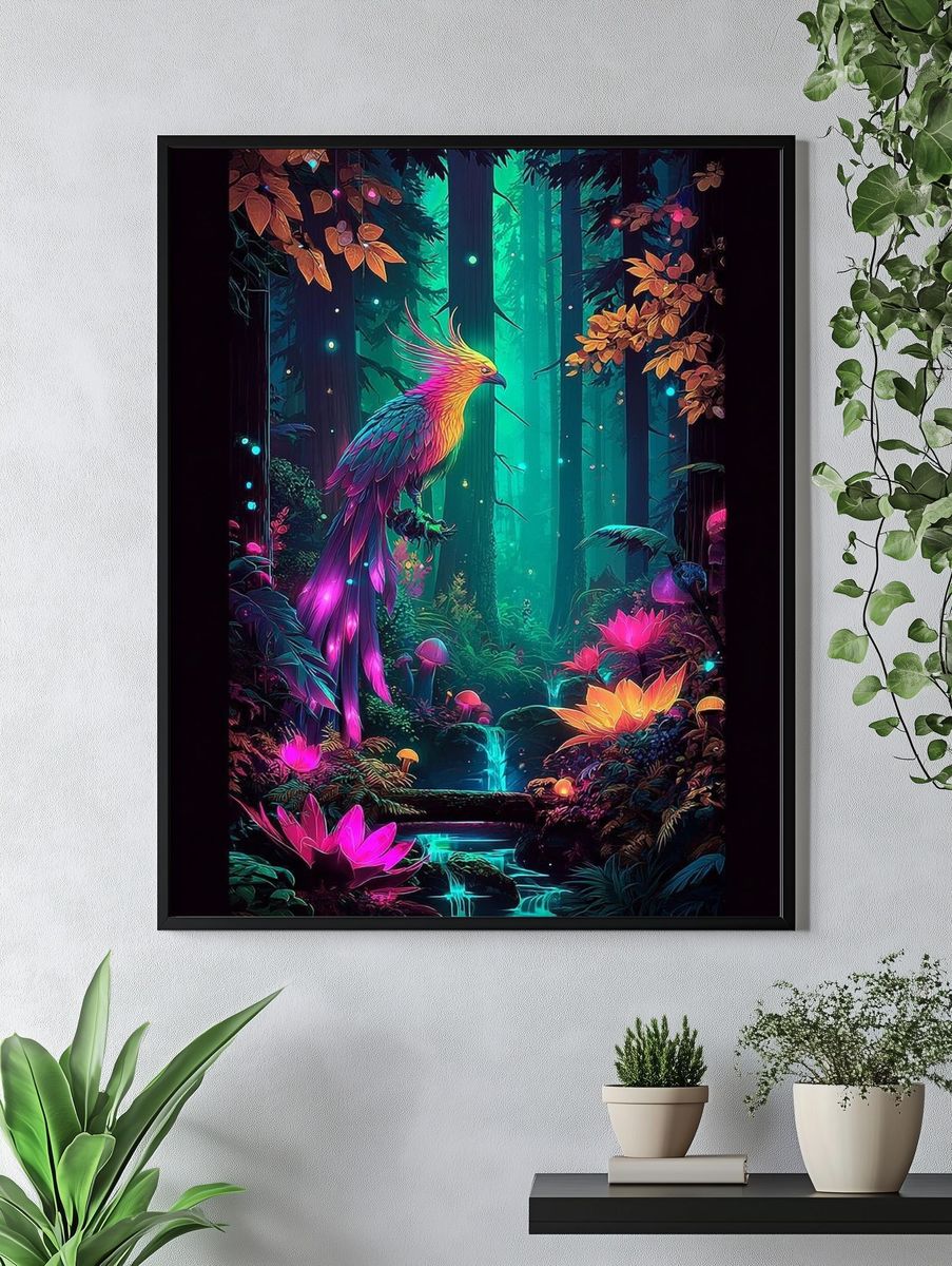 Neon Phoenix Forest Digital Art Poster. — room view 4