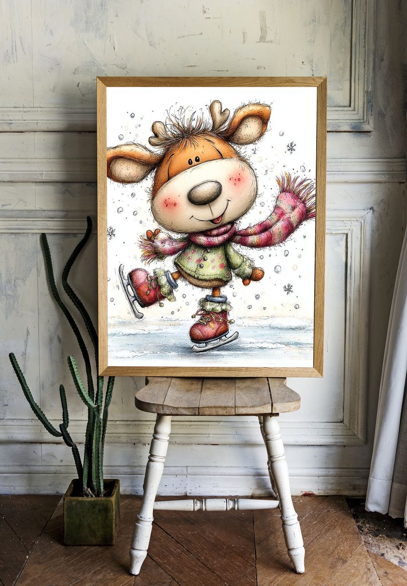 Winter Skating Deer Illustration Poster. — room view 1